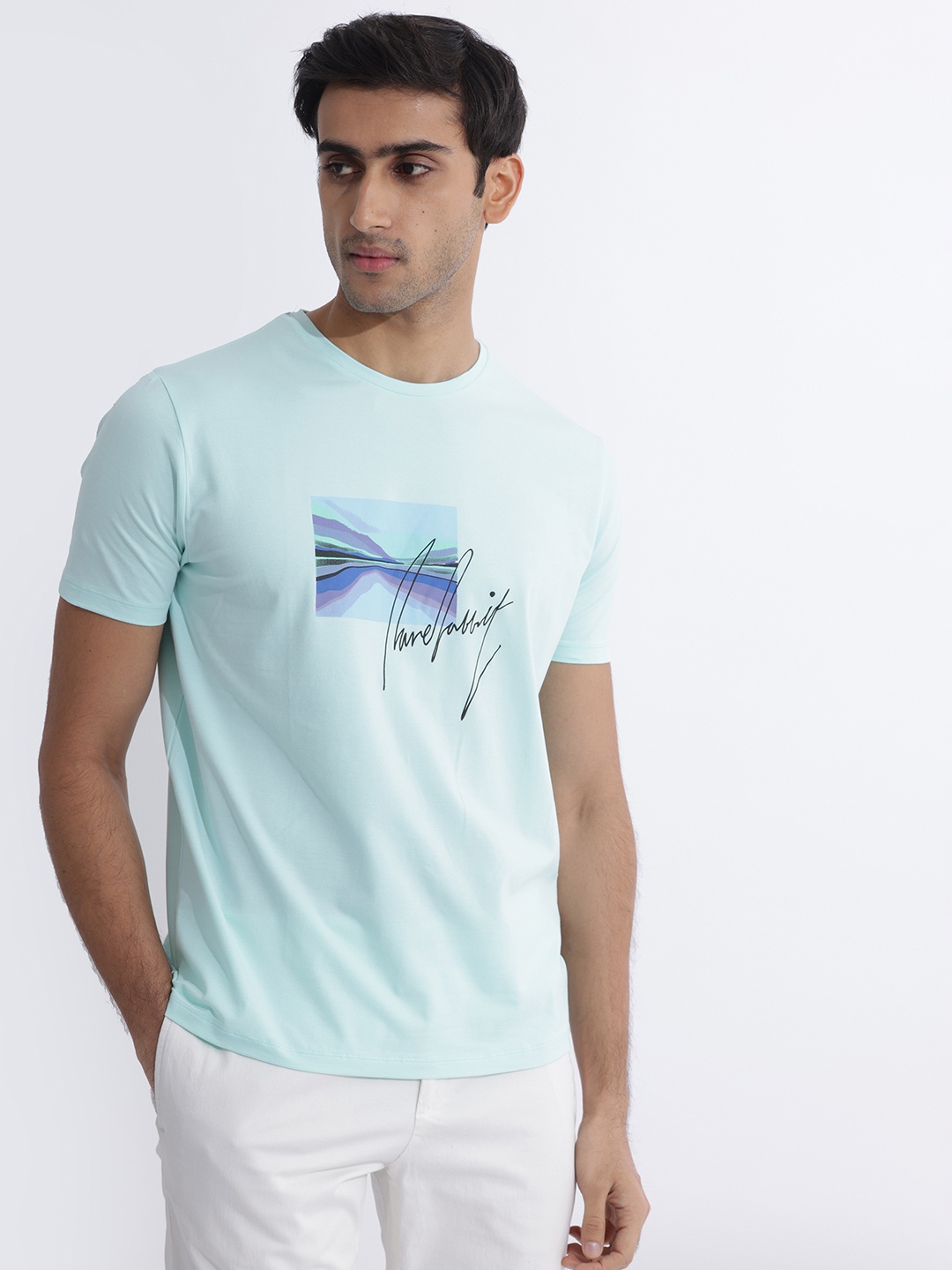 

RARE RABBIT Men Libro Graphic Printed Slim Fit Cotton T-Shirt, Blue