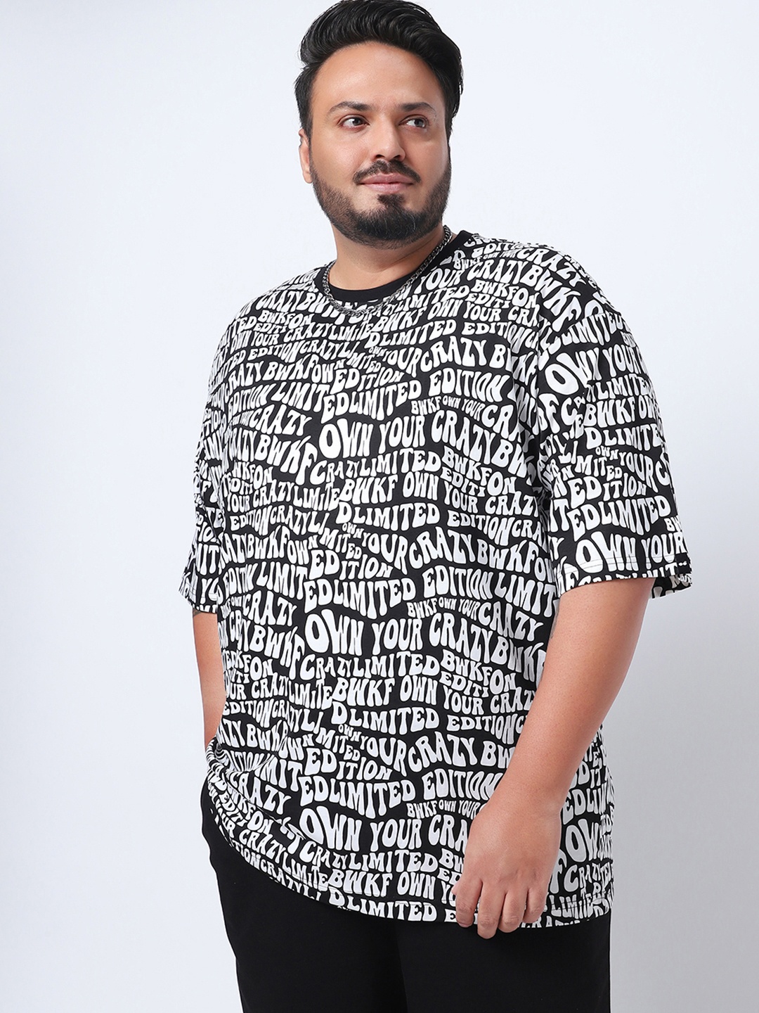 

Bewakoof Plus Typography Printed Oversized Pure Cotton T-Shirt, Black