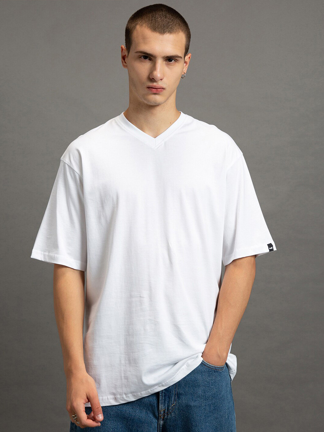 

Bewakoof Plus V- Neck Oversized Pure Cotton T-Shirt, White