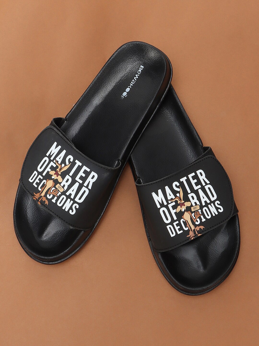 

Bewakoof Men Black & White Bad Decisions Printed Rubber Sliders With Velcro Closure