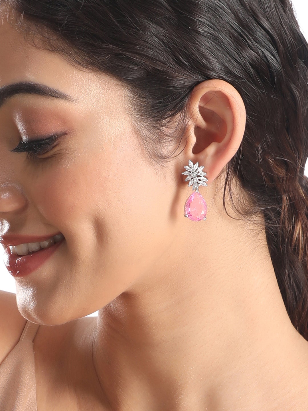 

Rubans Rhodium-Plated Zircon-Studded Drop Earrings, Silver