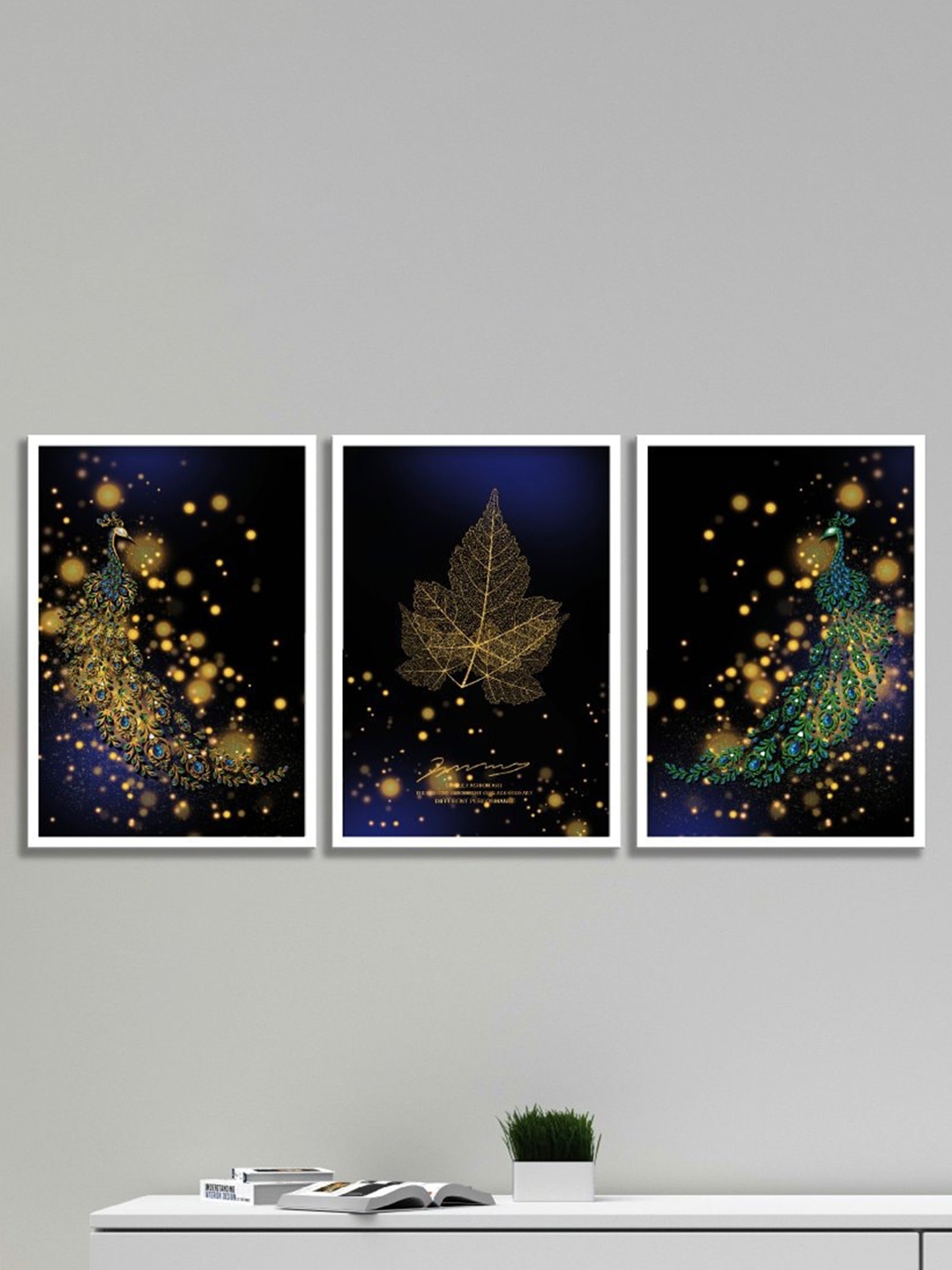 

SAF Yellow & Black 3 Pieces Peacock Painting Wall Arts