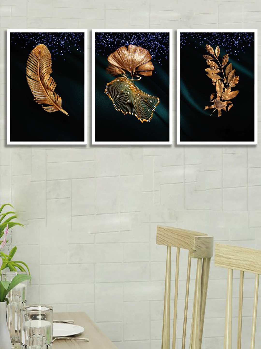 

SAF Blue & Brown 3 Pieces Tropical Leaves Painting Wall Arts