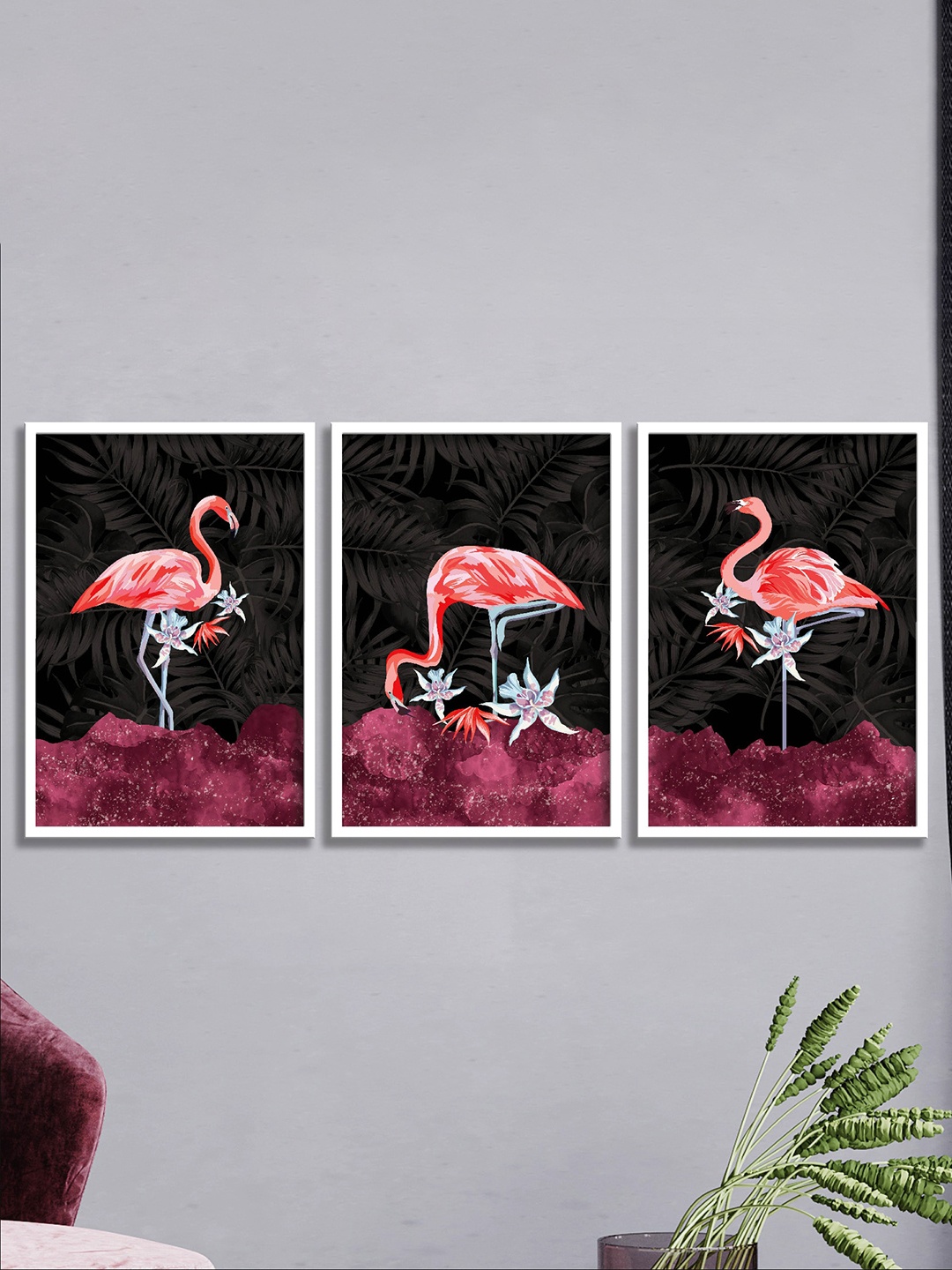 

SAF Pink & Black 3 Pieces Flamingo Painting Framed Wall Art
