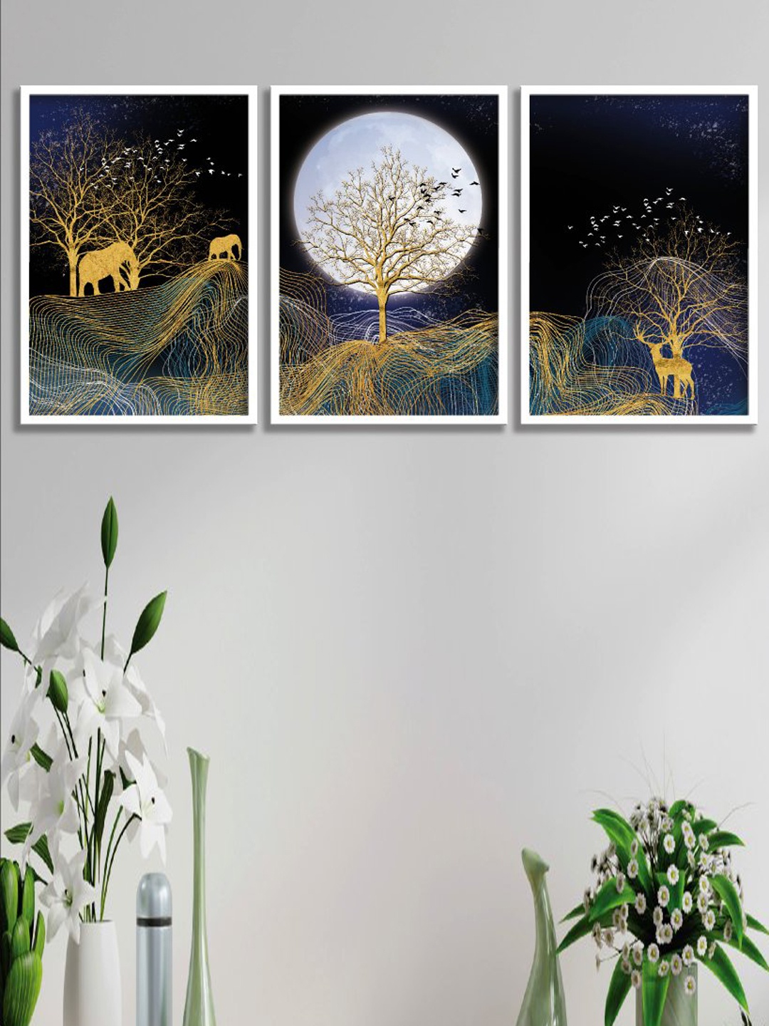 

SAF Black & White 3 Pieces Nature Painting Wall Art