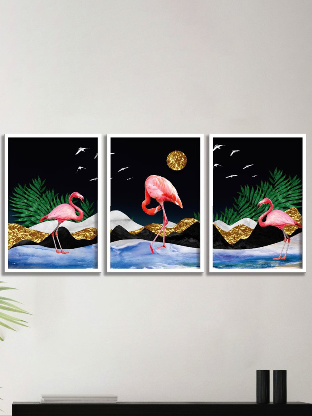 

SAF Green & Pink 3 Pieces Flamingo Painting Wall Art