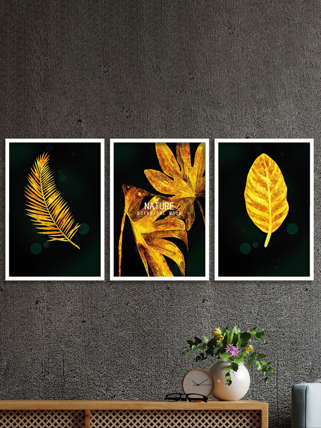 

SAF Black & Brown 3 Pieces Tropical leaves Painted Wall Art