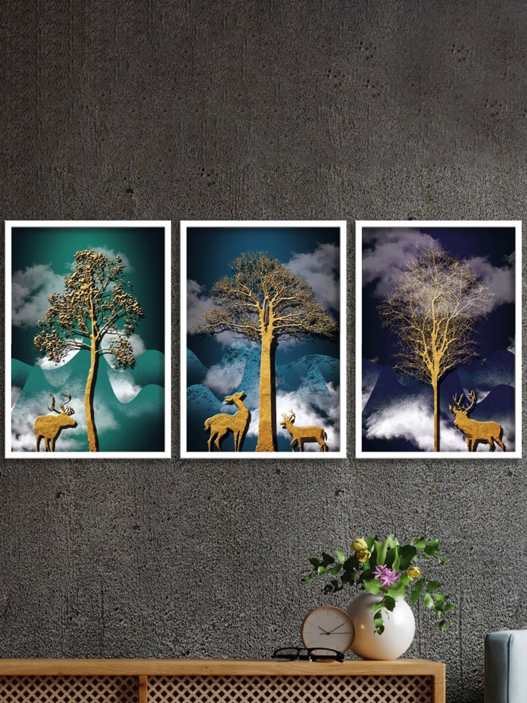 

SAF Blue & Green 3 Pieces Nature Painted Wall Art