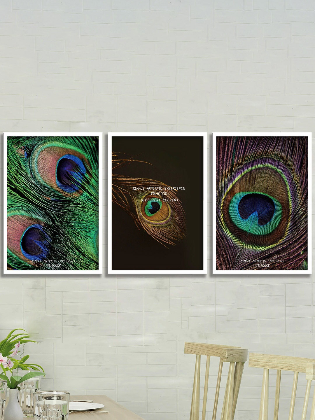 

SAF 3-Pcs Brown & Green Peacock Feather Wall Art