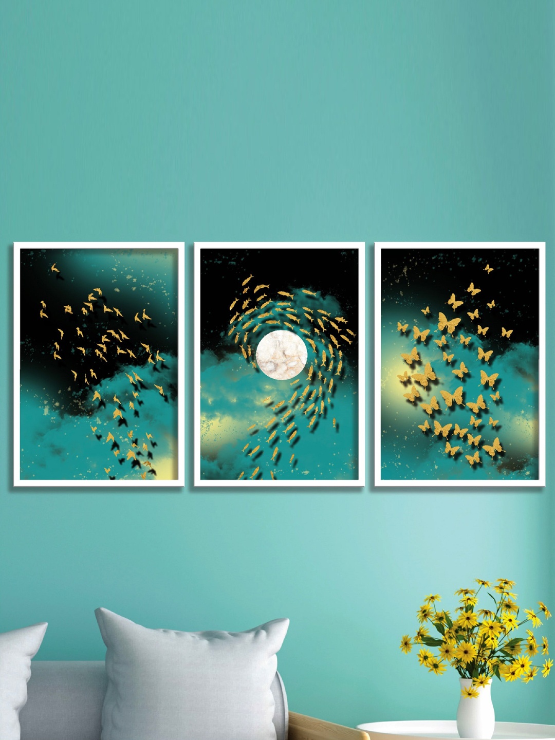 

SAF 3-Pcs Blue & Black Modern Art Painting Wall Art