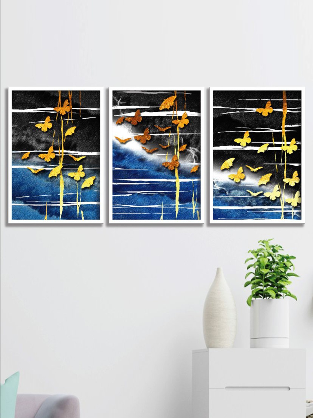 

SAF 3-Pcs Blue & Black Modern Art Painting Framed Wall Painting