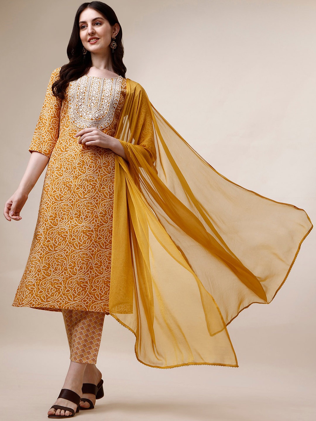 

Berrylicious Bandhani Printed Thread Work Straight Kurta & Trousers With Dupatta, Yellow