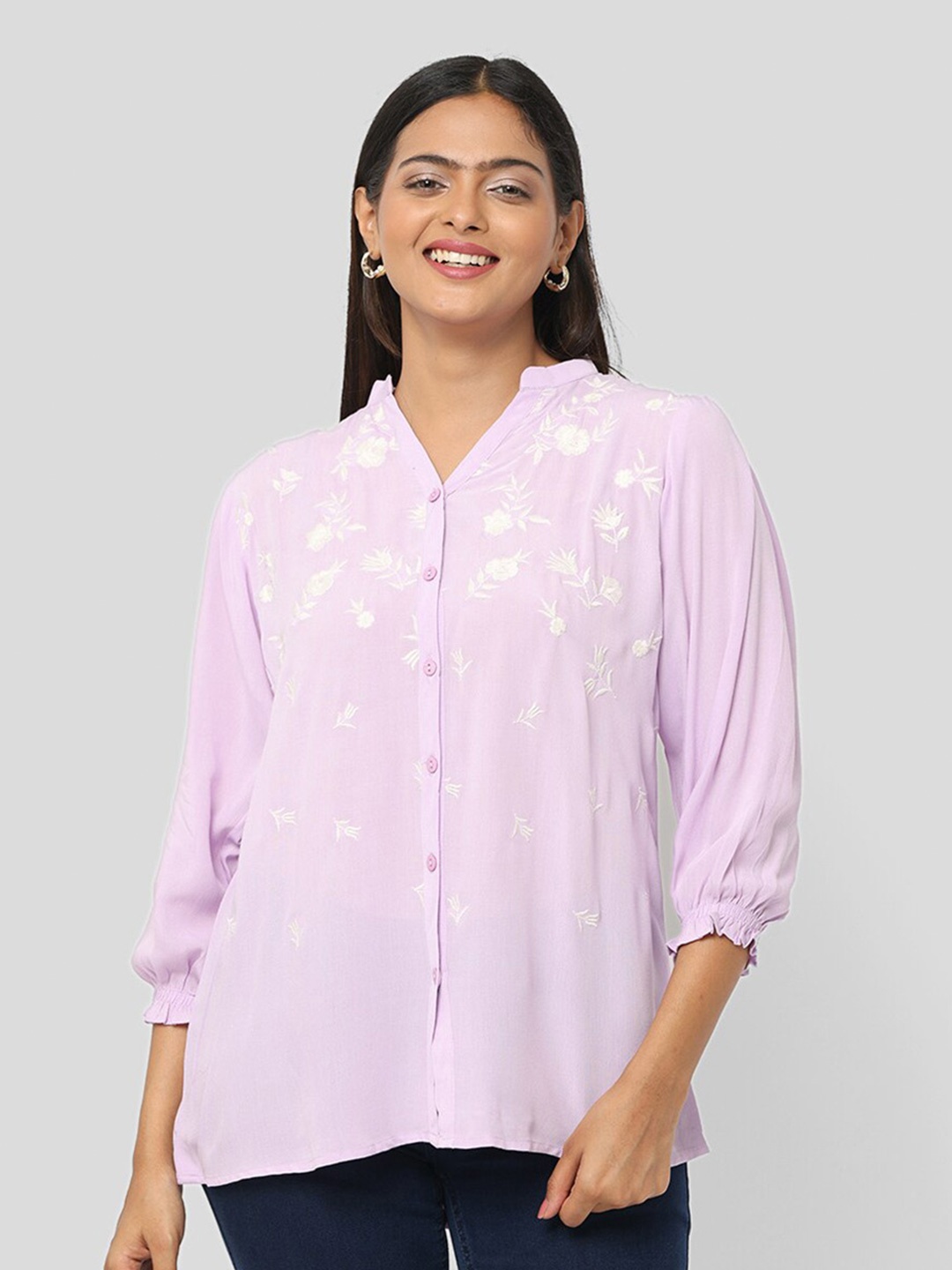 

GLORY & I Classic Floral Embroidered Semi Sheer Casual Shirt, Lavender