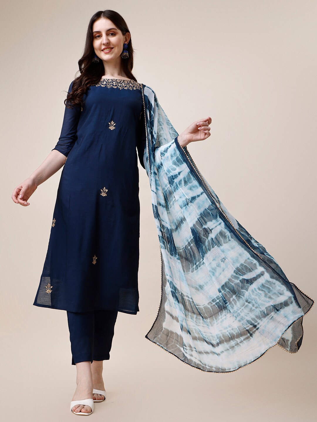 

Berrylicious Ethnic Motifs Embroidered Chanderi Silk Kurta With Trousers & Dupatta, Navy blue