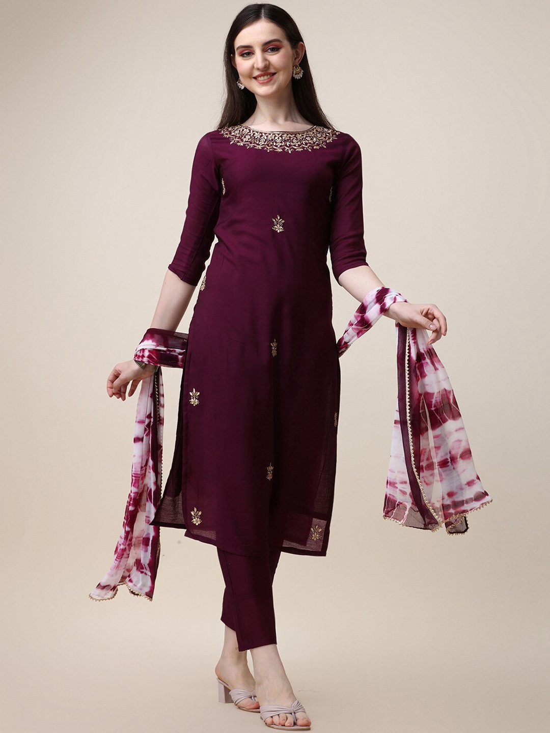 

Berrylicious Ethnic Motifs Embroidered Chanderi Silk Kurta With Trousers & Dupatta, Purple