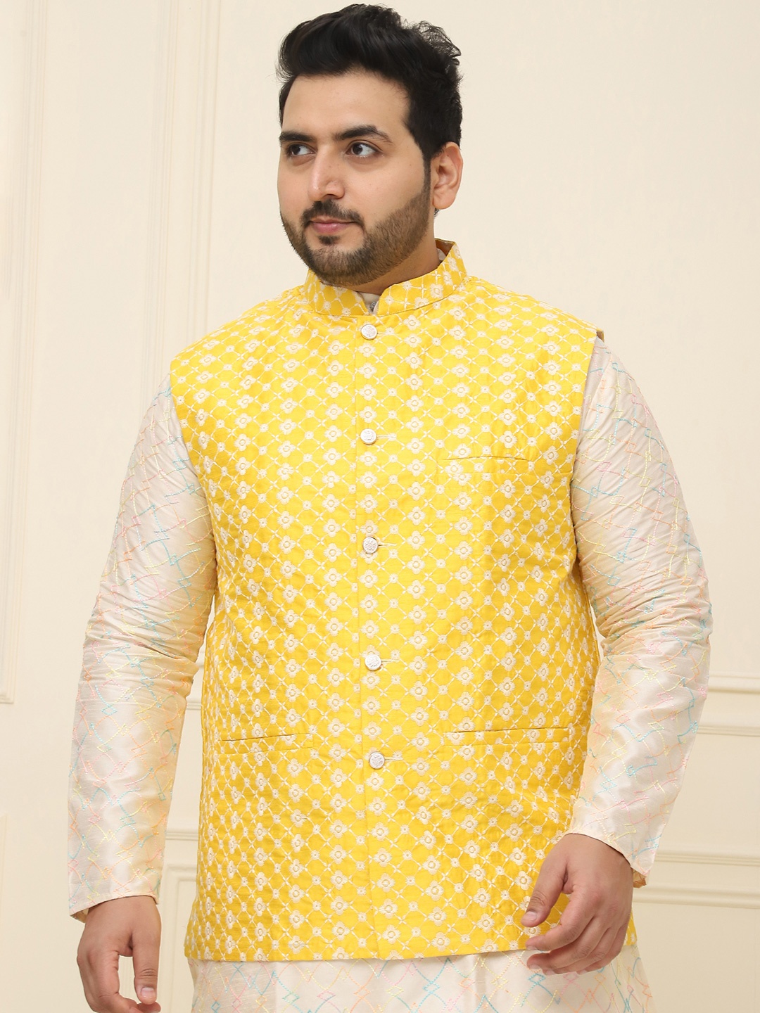 

SOJANYA PLUS Plus Size Embroidered Cotton Linen Nehru Jacket, Yellow