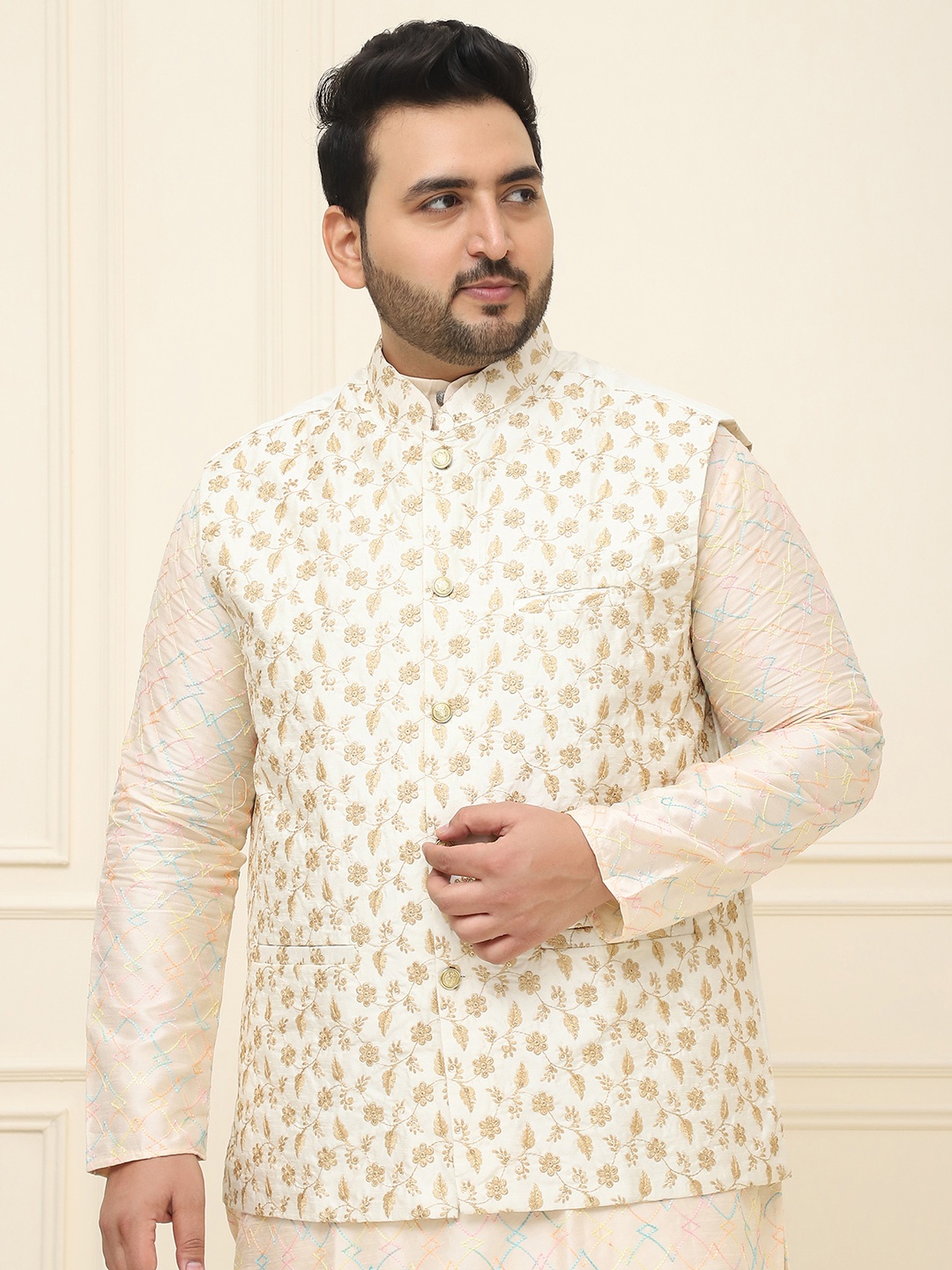 

SOJANYA PLUS Plus Size Embroidered Cotton Linen Nehru Jacket, Cream