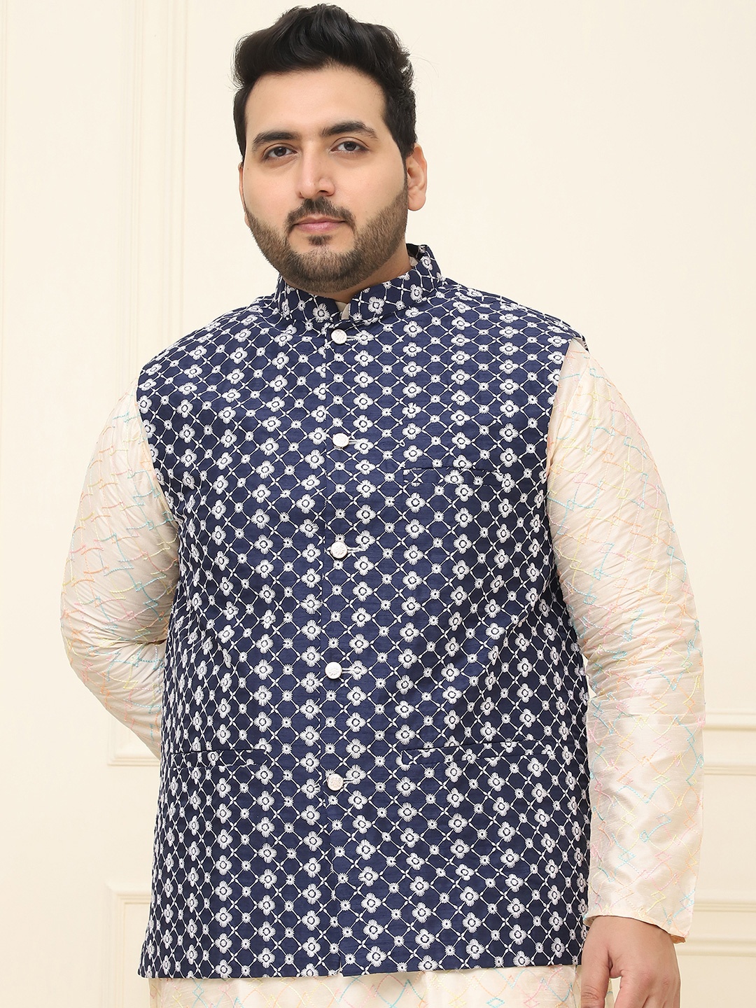 SOJANYA PLUS Plus Size Embroidered Cotton Linen Nehru Jacket, Navy blue