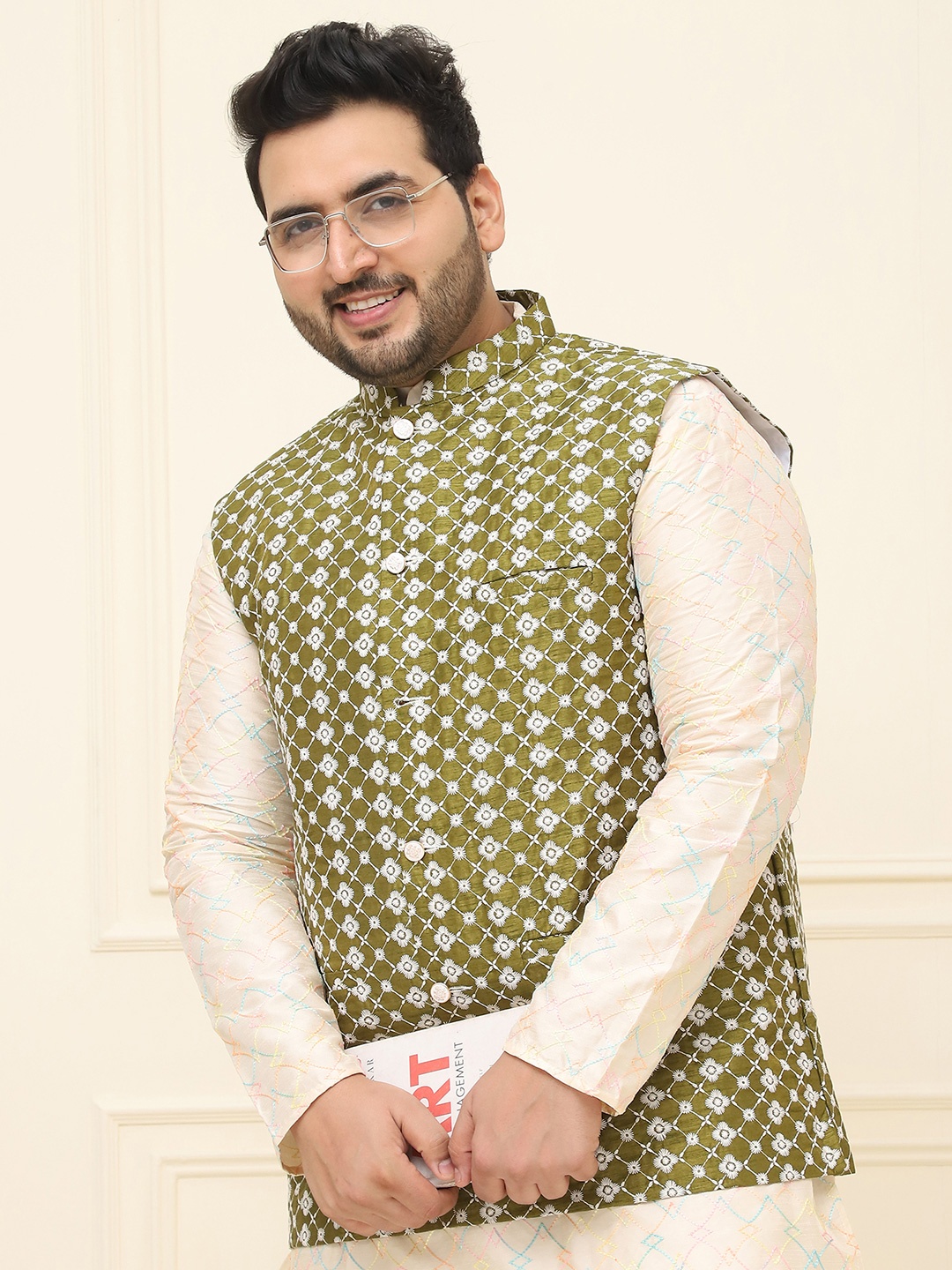 SOJANYA PLUS Plus Size Embroidered Cotton Linen Nehru Jacket, Green
