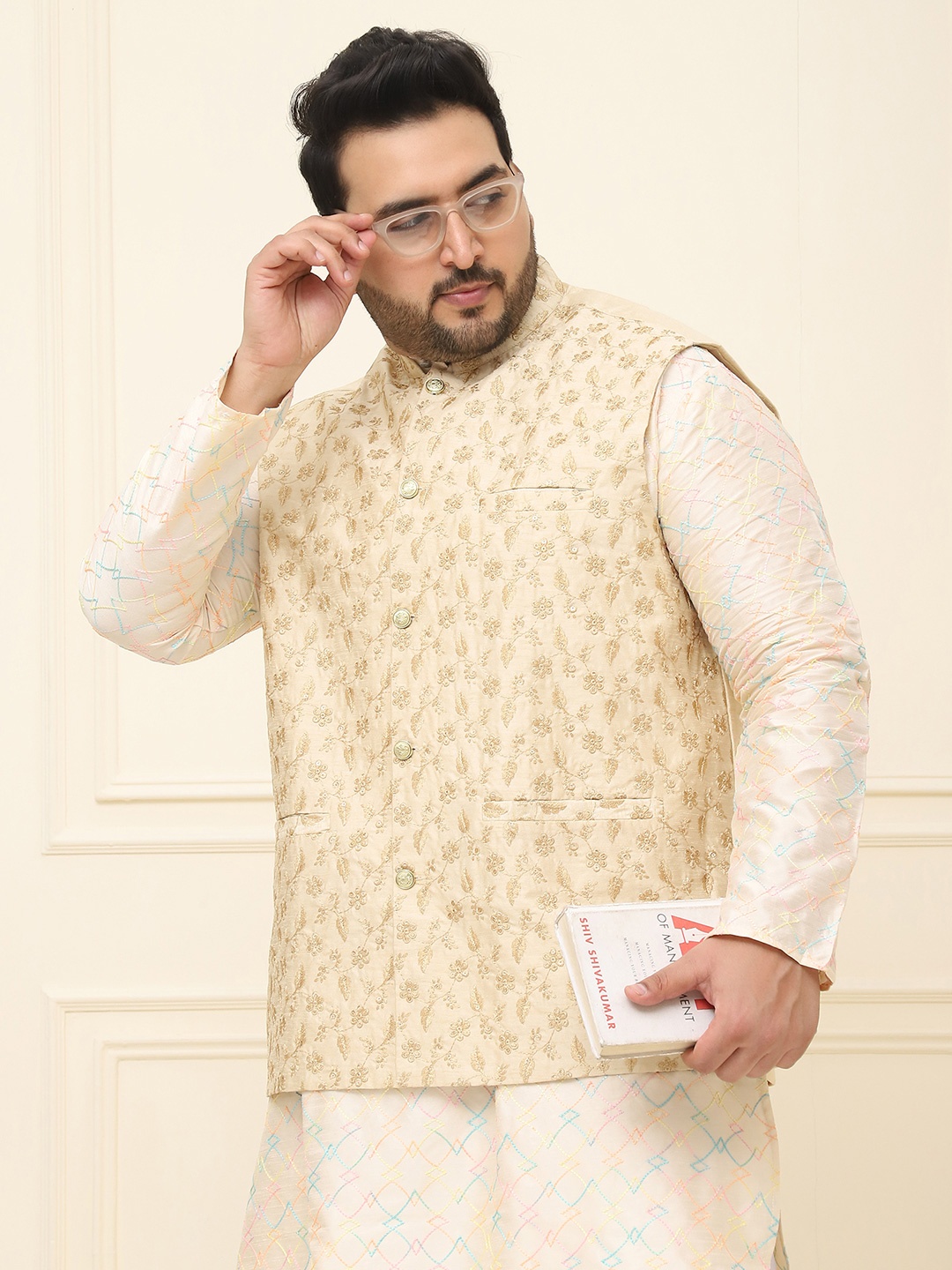 

SOJANYA PLUS Plus Size Ethnic Motif Embellished Cotton Linen Nehru Jacket, Beige