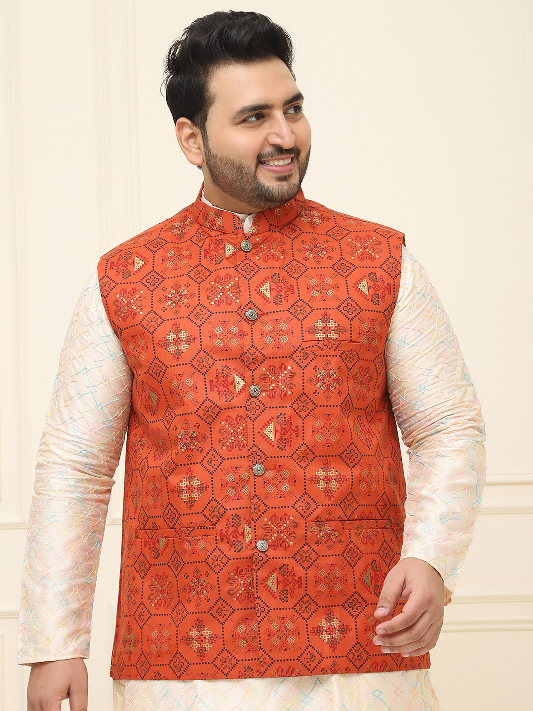 

SOJANYA PLUS Plus Size Ethnic Motif Printed Cotton Linen Nehru Jacket, Orange