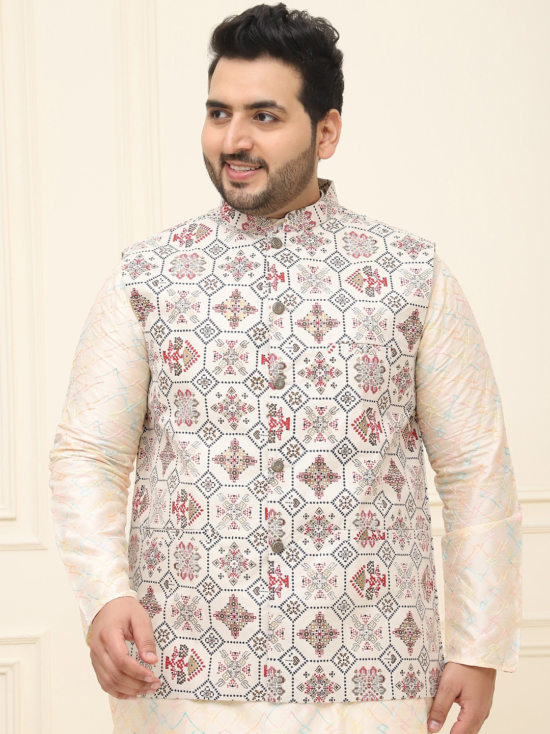 

SOJANYA PLUS Plus Size Ethnic Motif Printed Cotton Linen Nehru Jacket, Cream