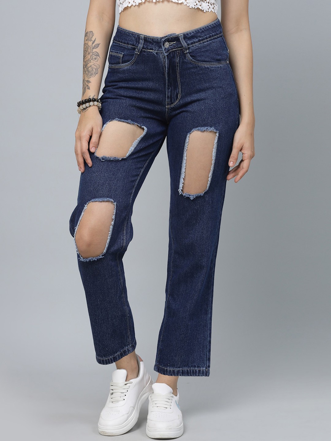 

Roadster Women Blue High Rise Straight-Fit Highly Distressed Denim Cotton Jeans