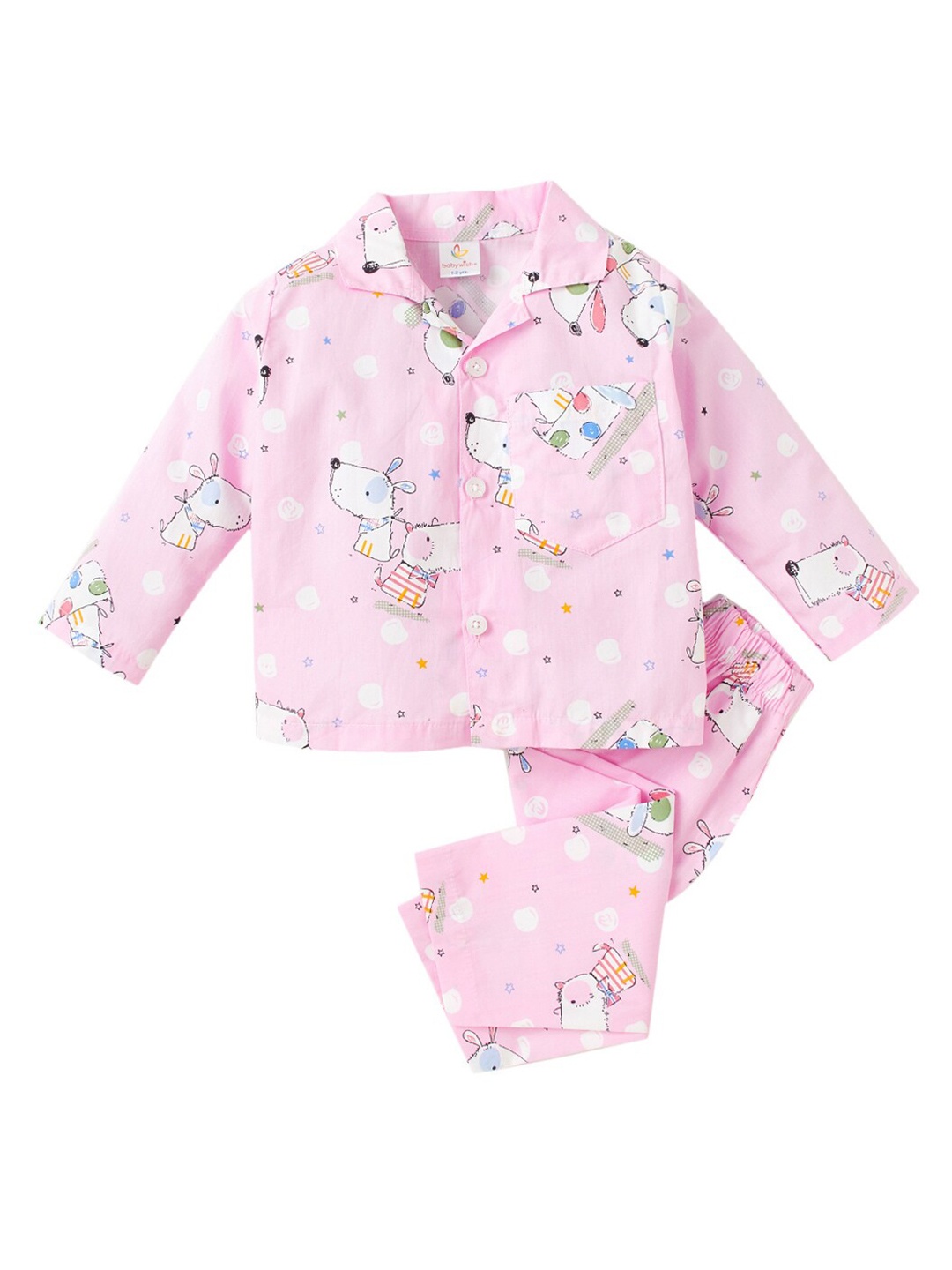 

Babywish Kids Lapel Collar Printed Night suit, Pink