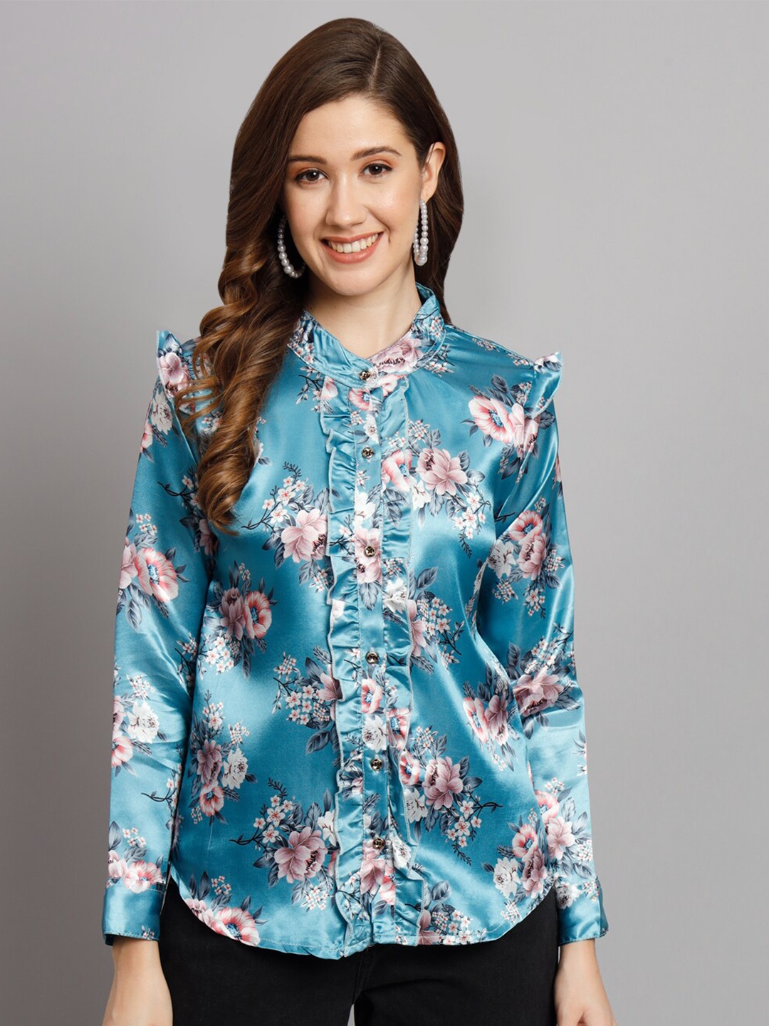 

Funday Fashion Floral Printed Satin Casual Shirt, Sea green