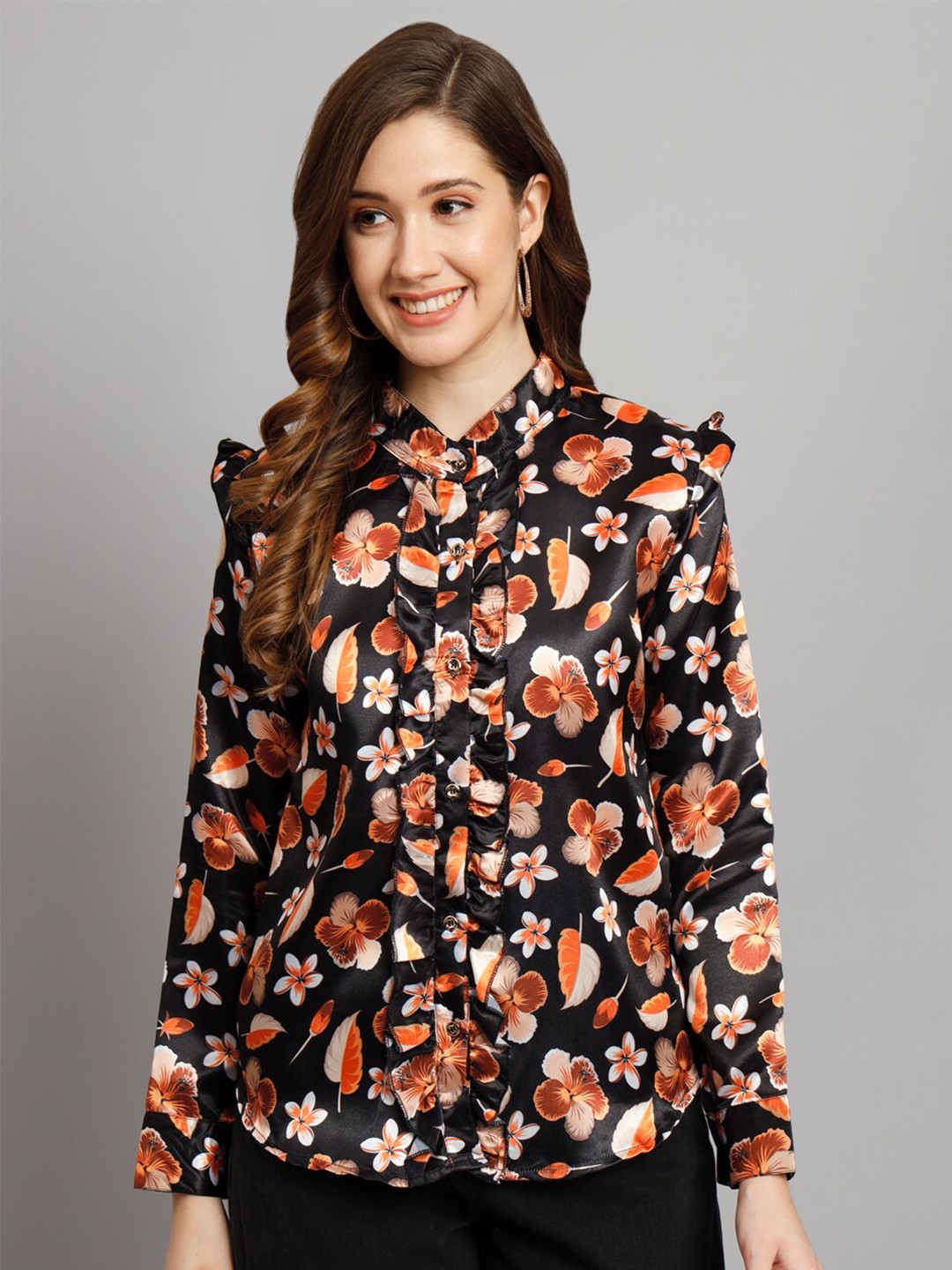 

Funday Fashion Floral Printed Satin Casual Shirt, Black