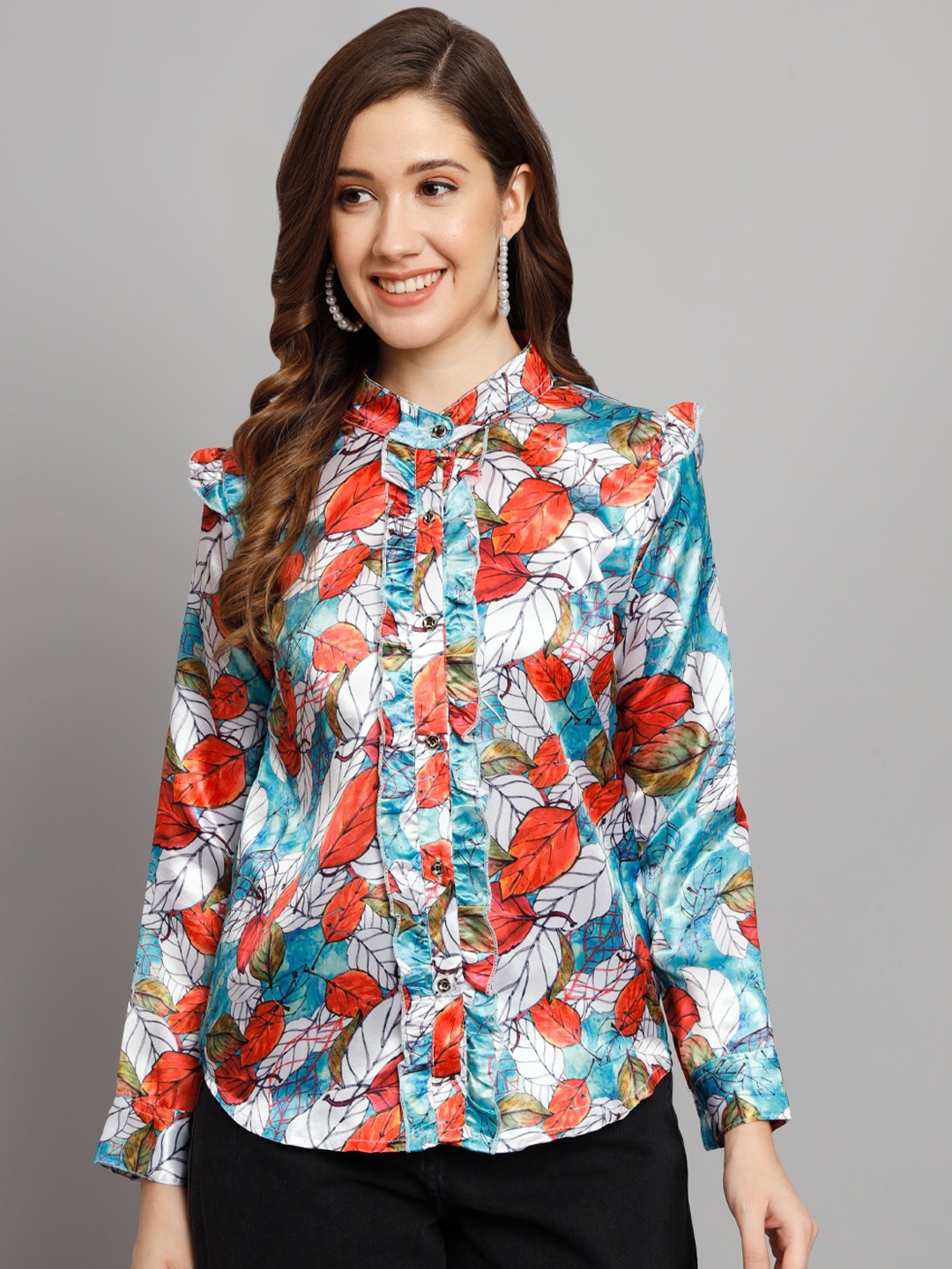 

Funday Fashion Floral Printed Satin Casual Shirt, Blue