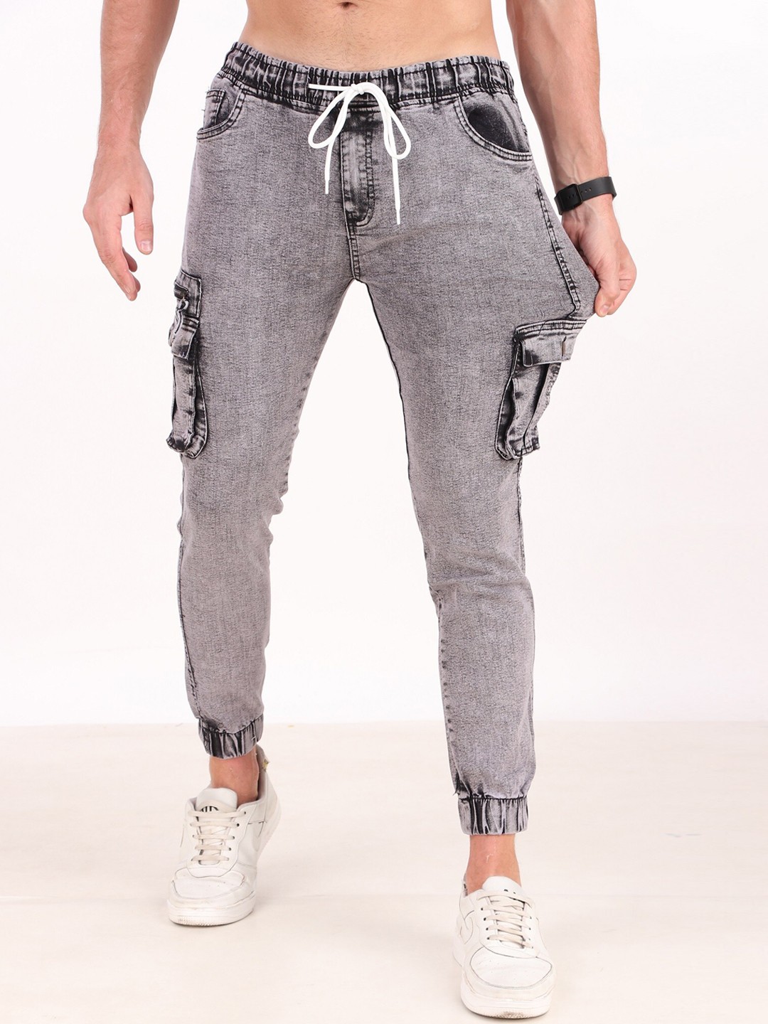 

PLUS 91 Men High-Rise Denim Cargo Jogger, Grey