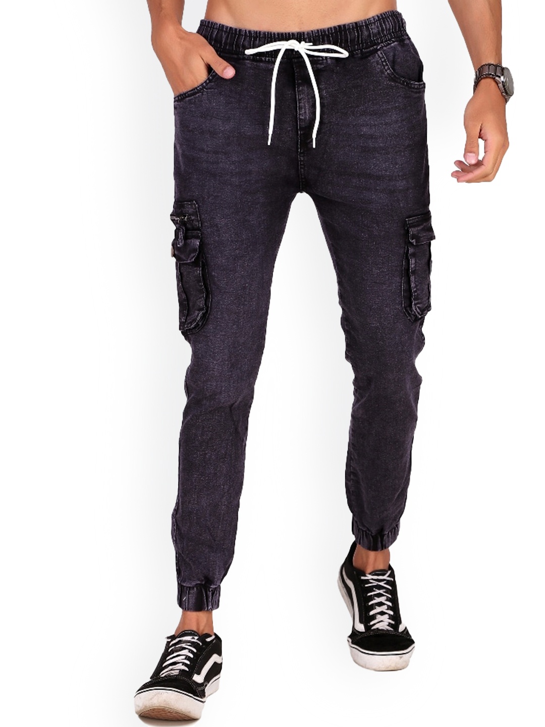 

PLUS 91 Men High-Rise Denim Cargo Jogger, Black