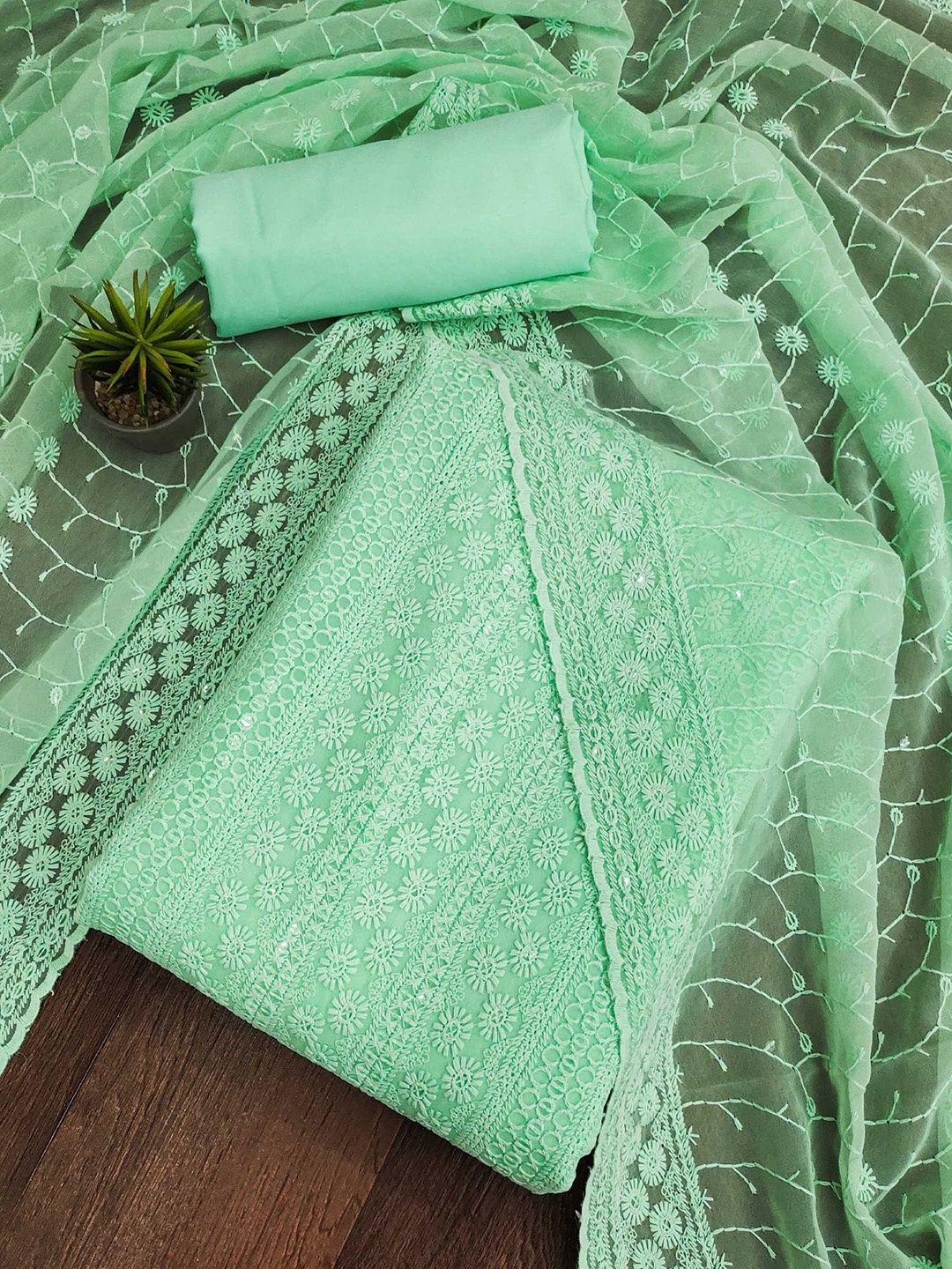 

KALINI Embroidered Sequinned Unstitched Dress Material, Sea green