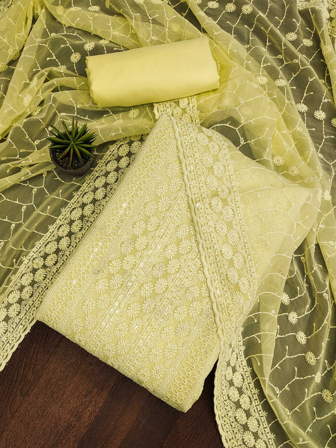 

KALINI Embroidered Unstitched Dress Material, Yellow