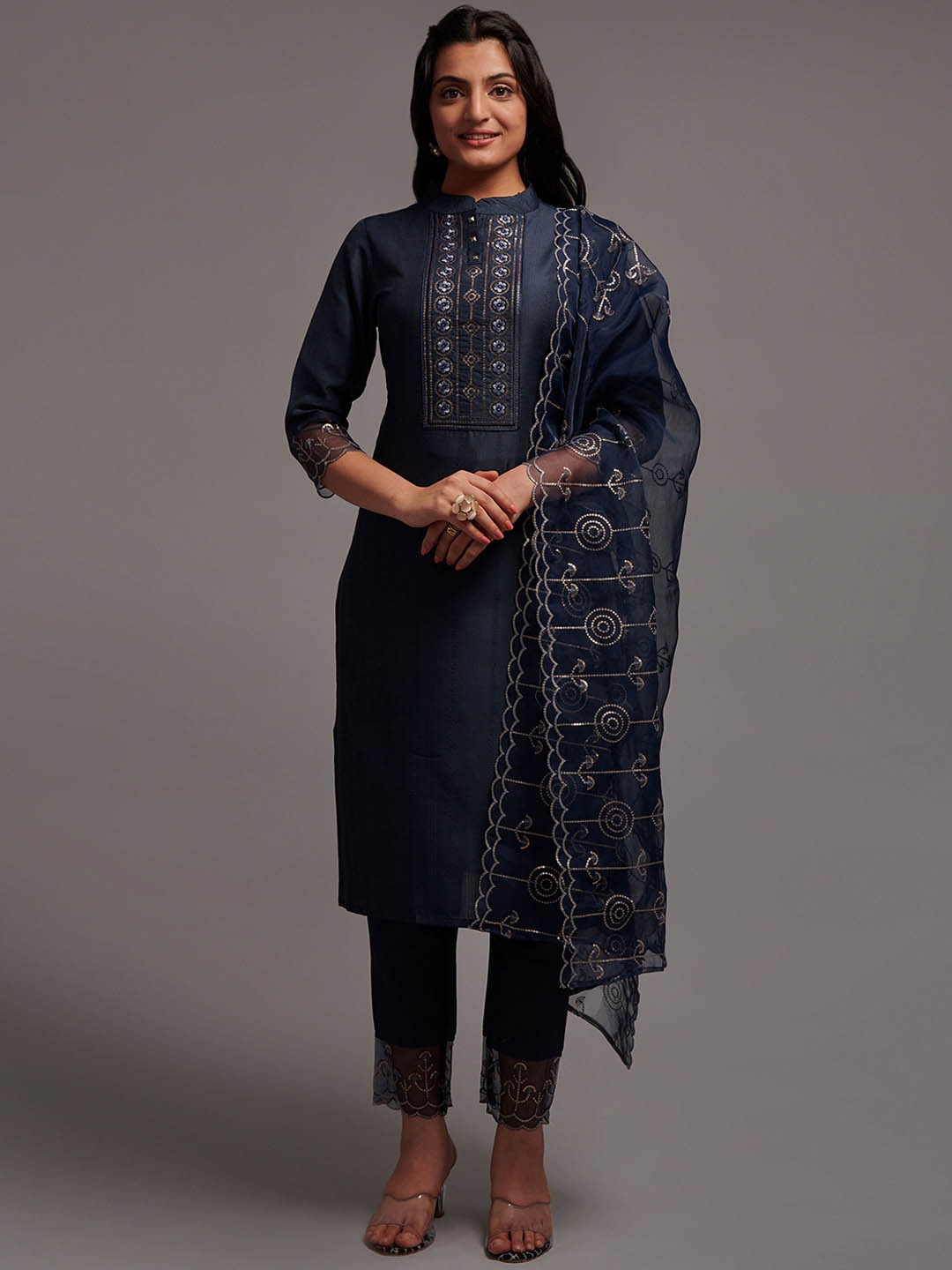 

KALINI Ethnic Motifs Yoke Design Sequinned Kurta With Trousers & Dupatta, Blue