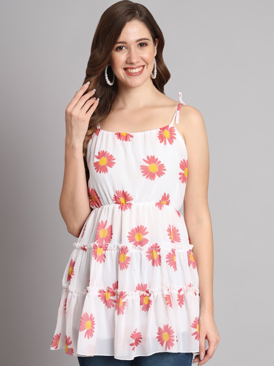 Funday Fashion Floral Printed Longline A-Line Top, White