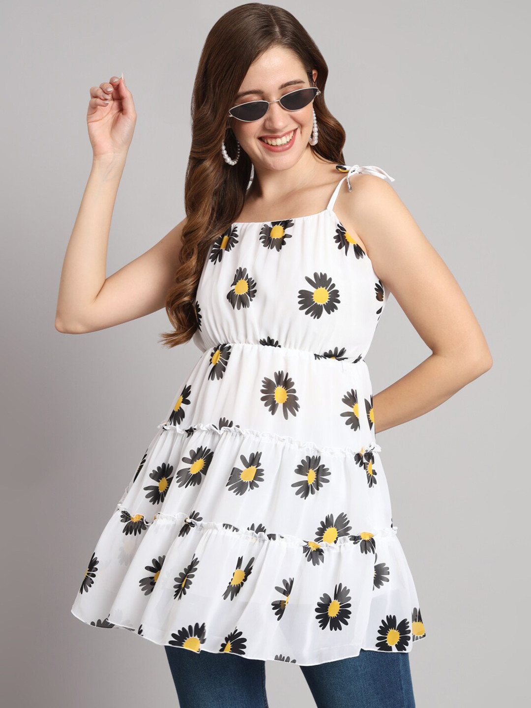 

Funday Fashion Floral Printed Longline A-Line Top, White