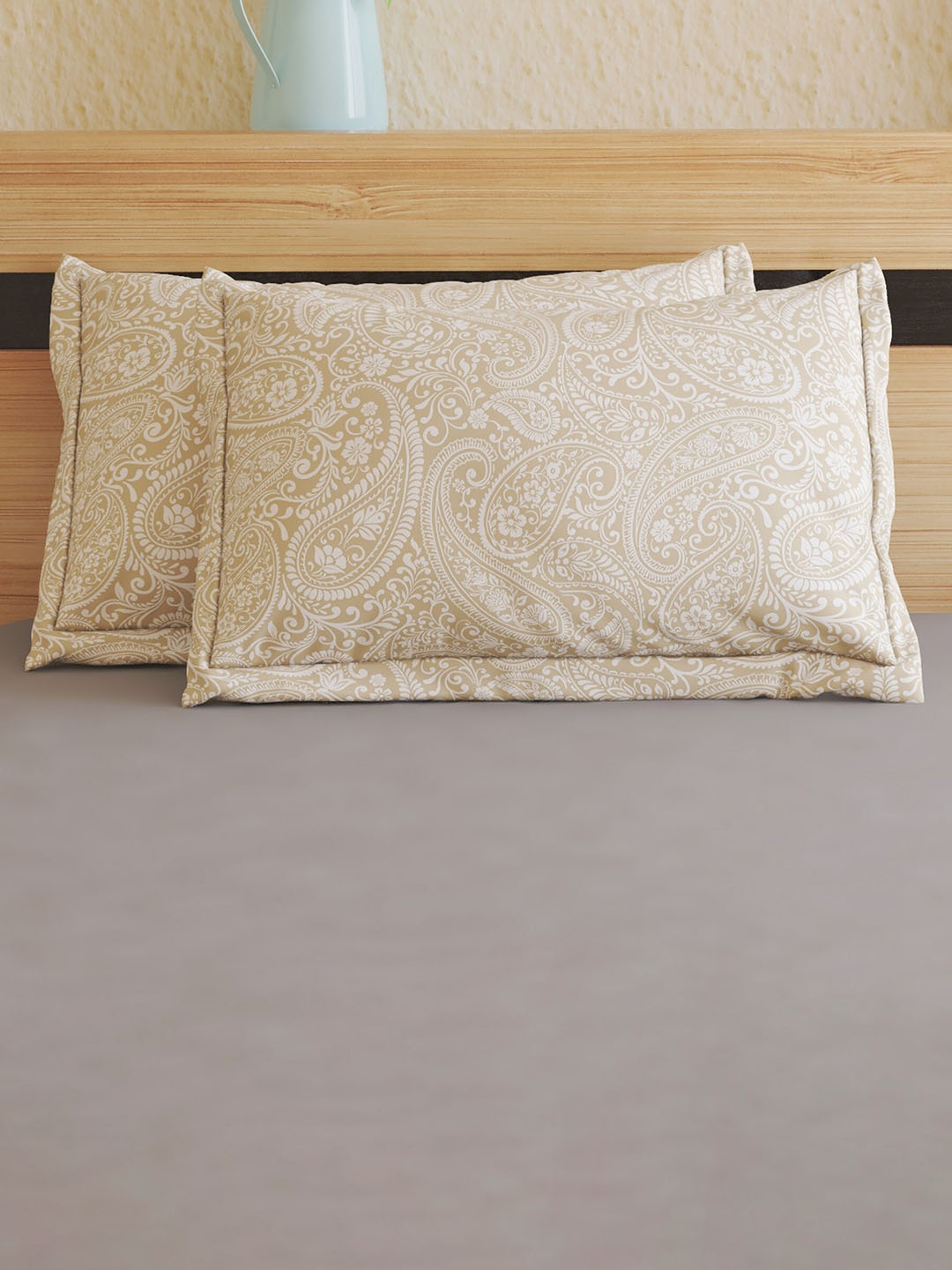 

Home Centre Colour Refresh 2 Pcs Beige & White Paisley Printed Cotton Pillow Covers
