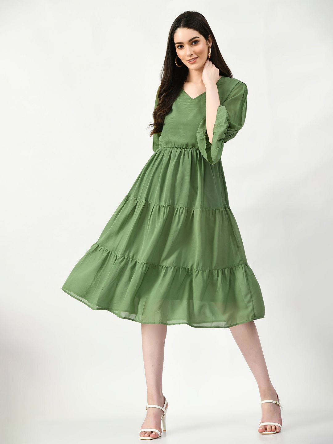 

Altiven Bell Sleeve Georgette Tiered Fit & Flare Midi Dress, Green