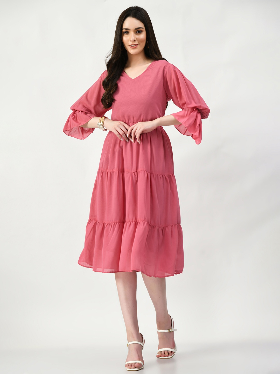 

Altiven Bell Sleeve Georgette Tiered Fit & Flare Midi Dress, Pink