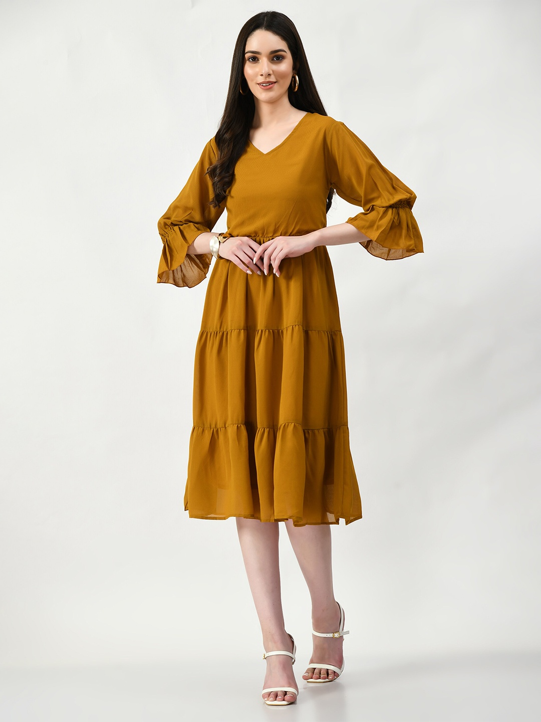 

Altiven Bell Sleeve Georgette Tiered Fit & Flare Midi Dress, Yellow
