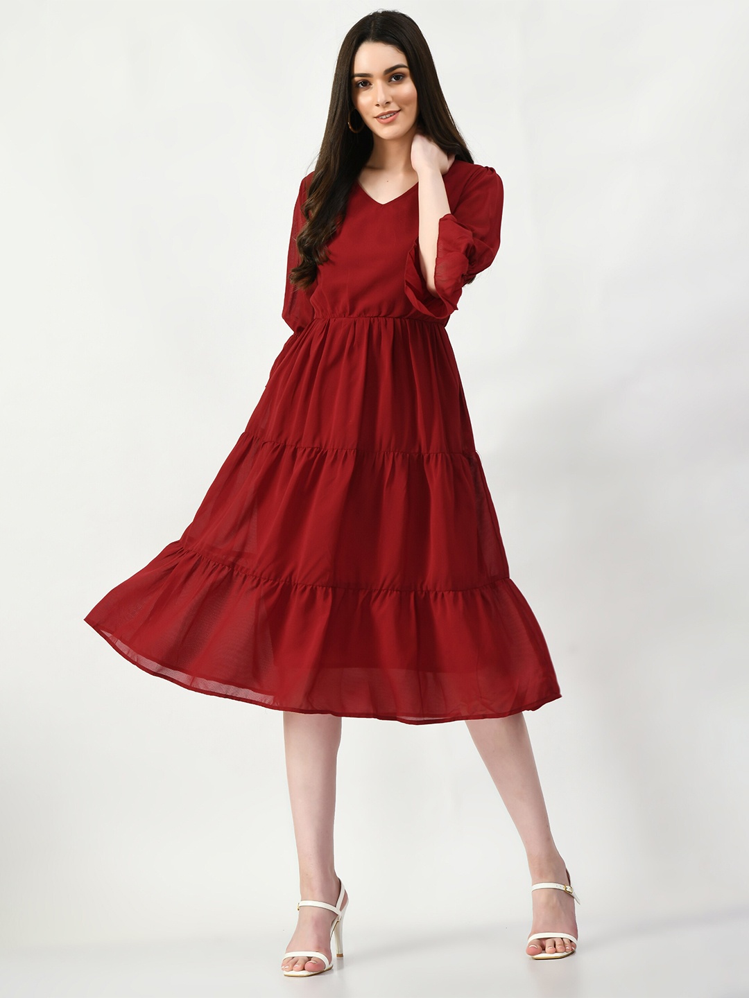 

Altiven Bell Sleeve Georgette Tiered Fit & Flare Midi Dress, Maroon