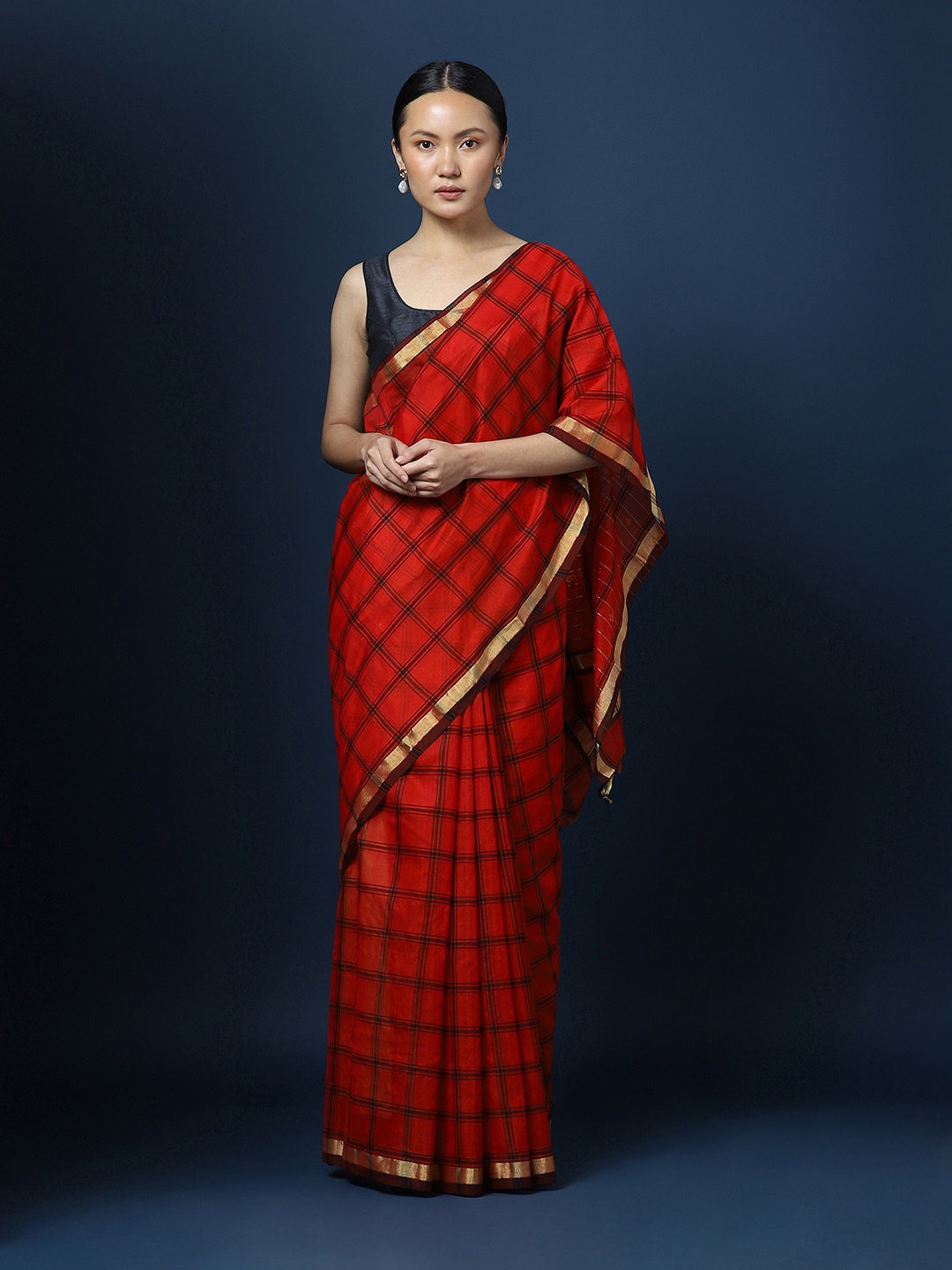 

CHOWDHRAIN Checked Zari Silk Cotton Chanderi Saree, Red