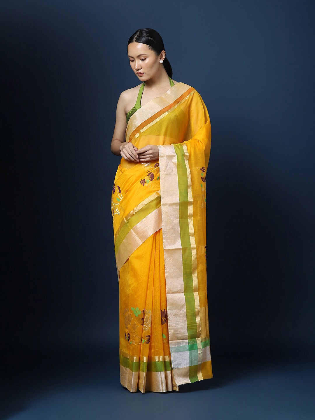 

CHOWDHRAIN Floral Woven Design Zari Silk Cotton Chanderi Saree, Yellow