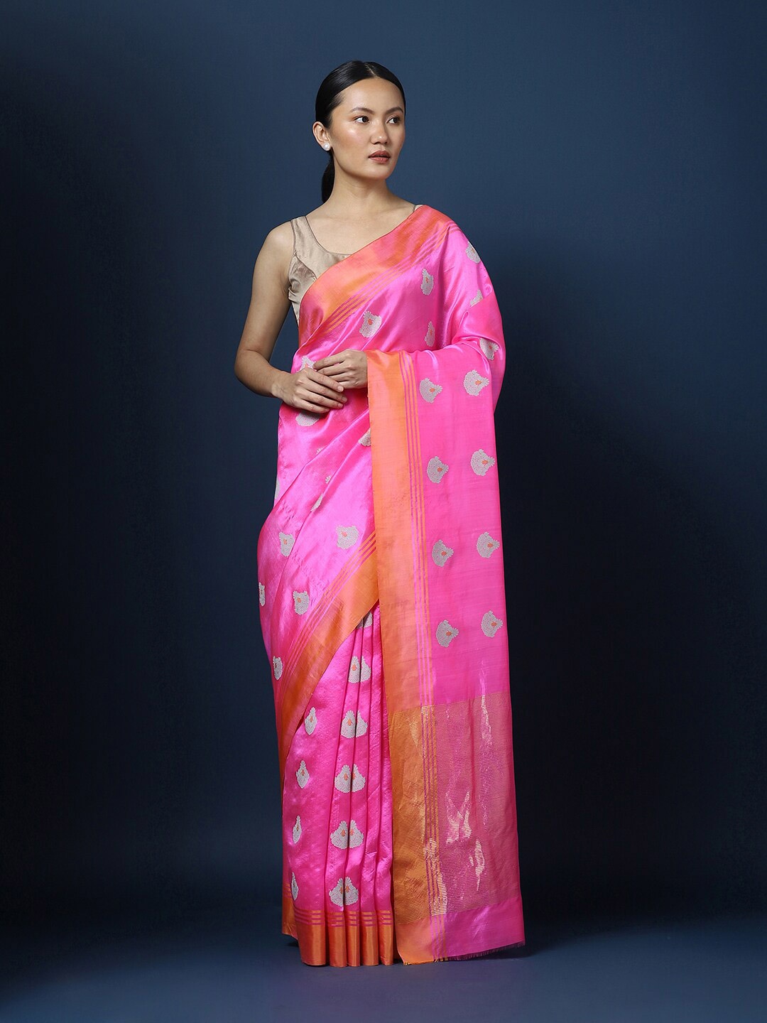 

CHOWDHRAIN Ethnic Motifs Woven Design Pure Silk Handloom Chanderi Saree, Pink