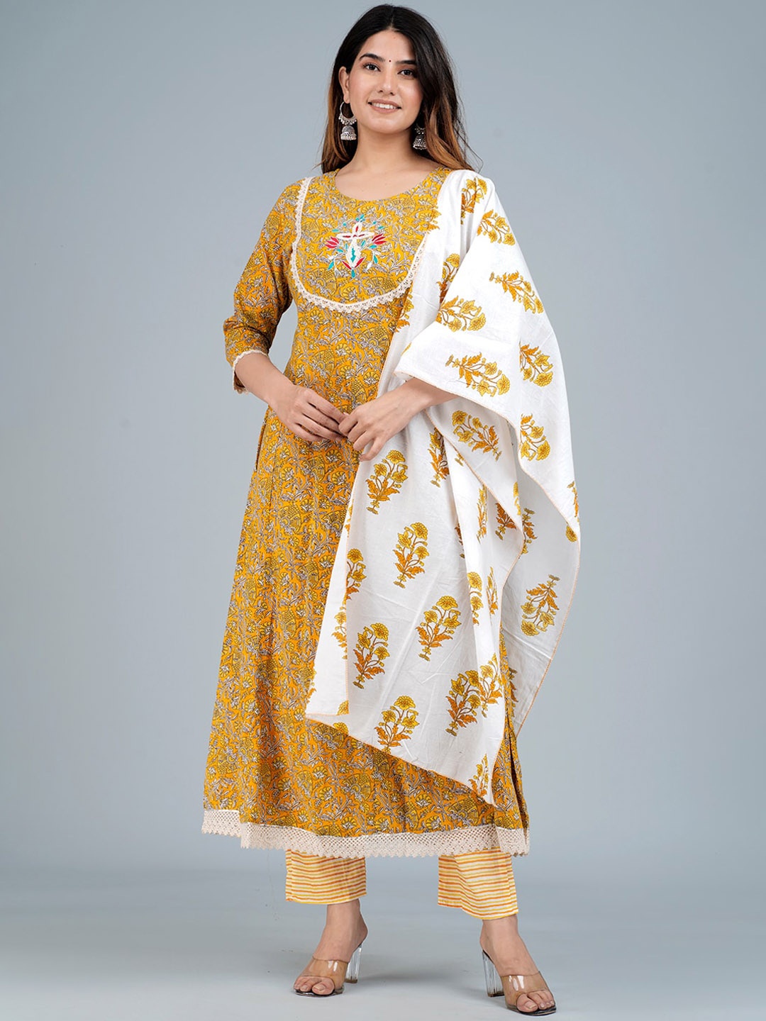 

KALINI Ethnic Motifs Printed Regular Thread Work Kurta With Trousers & Dupatta, Mustard