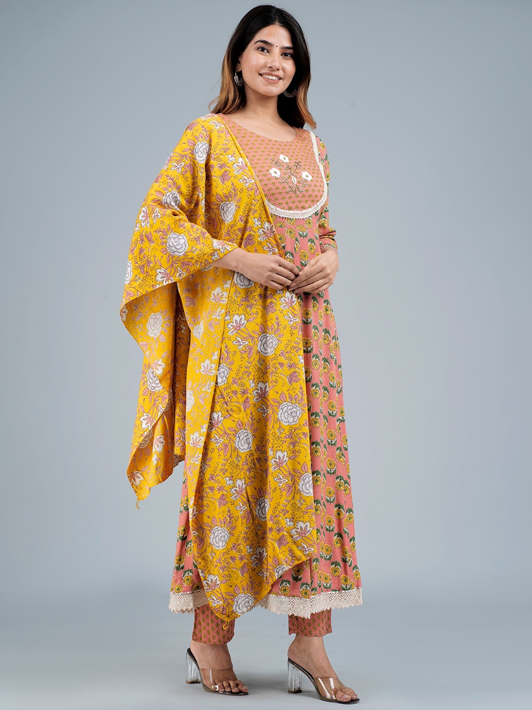 

KALINI Floral Motifs Printed Embriodred Kurta with Trousers & With Dupatta, Peach