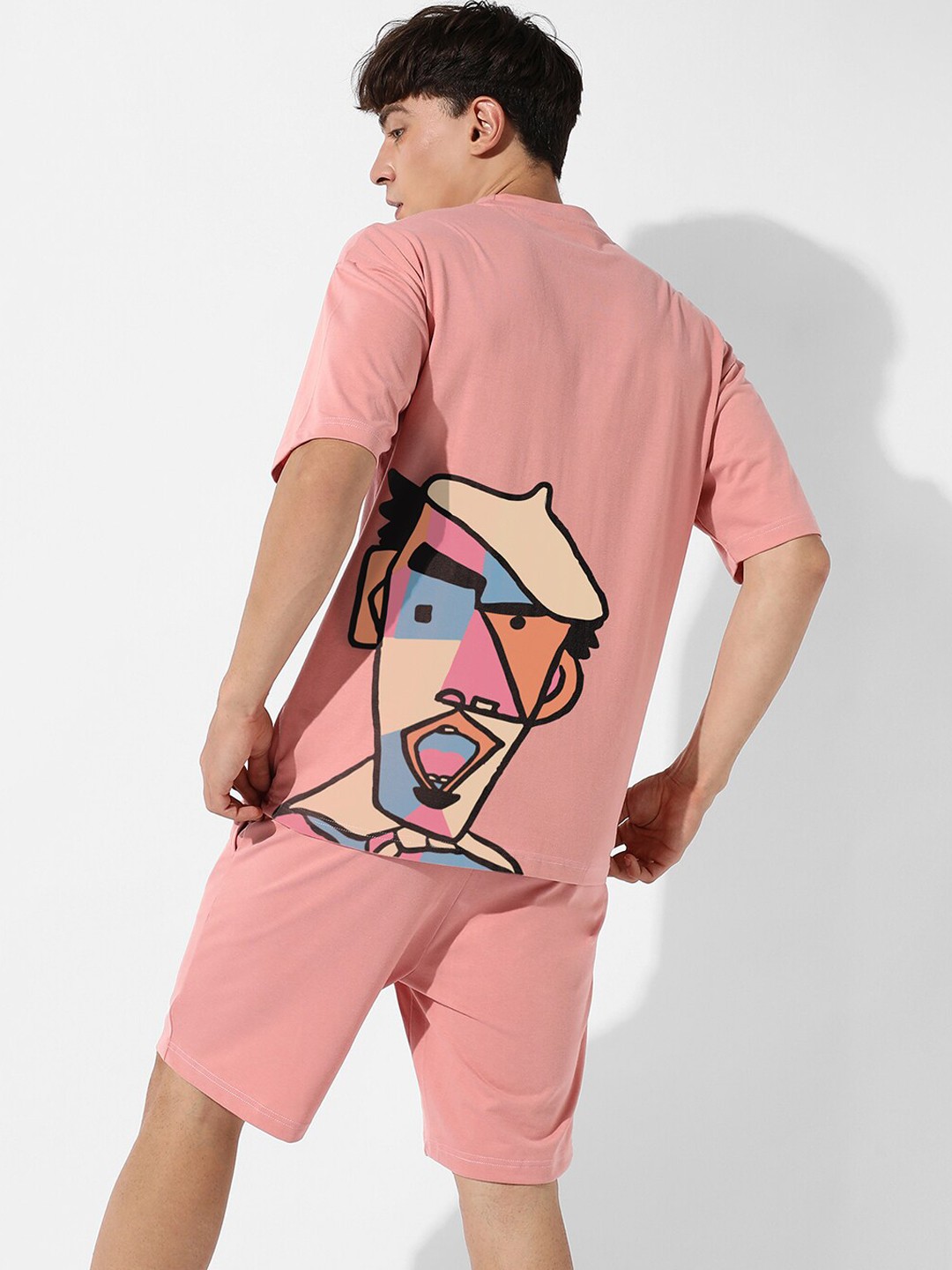 

Campus Sutra Printed Detail Oversized T-Shirt With Short Co-Ords, Pink