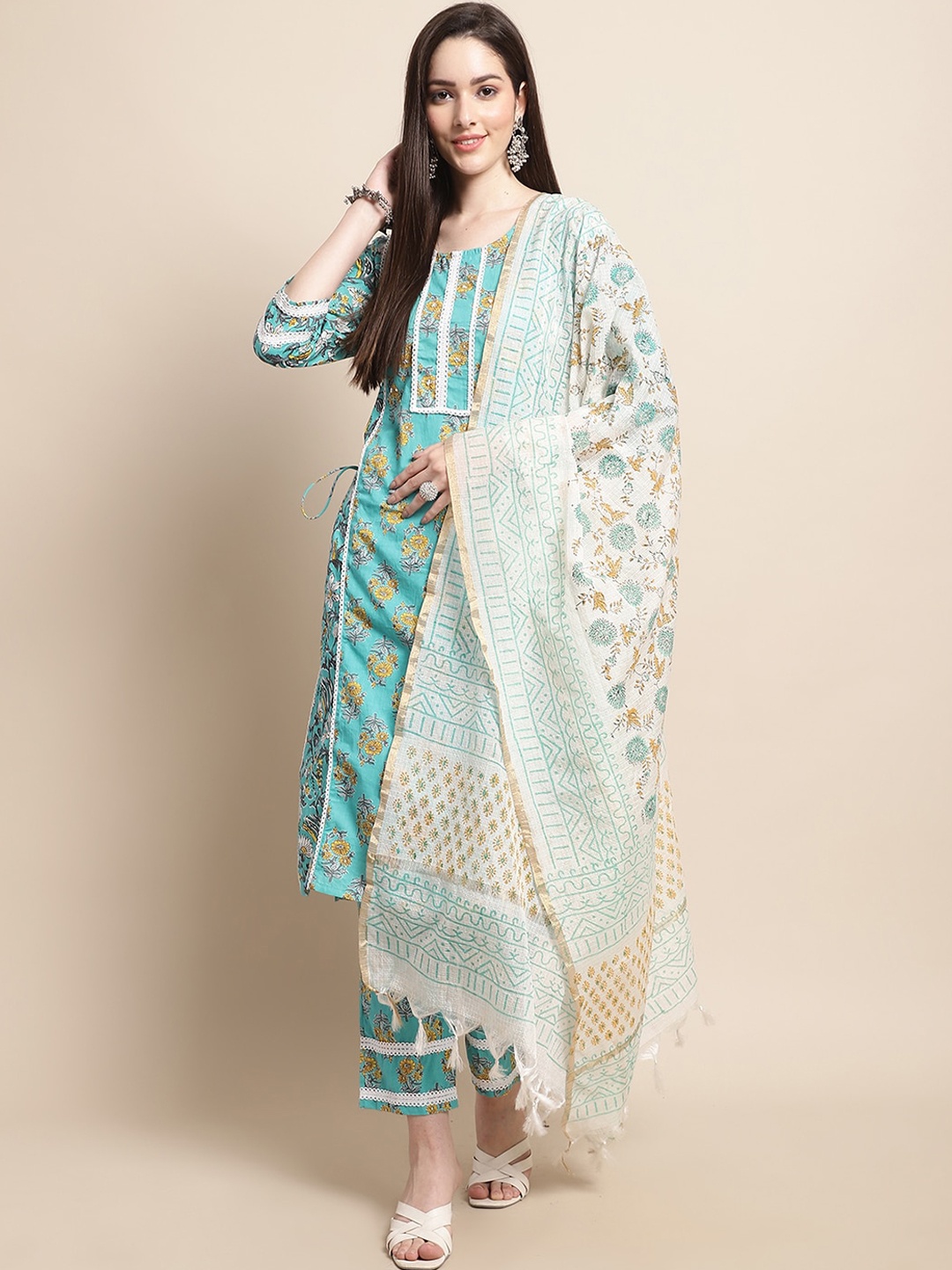 

Sangria Blue & Gold Ethnic Motifs Printed Pure Cotton Kurta With Trouser & Dupatta, Turquoise blue